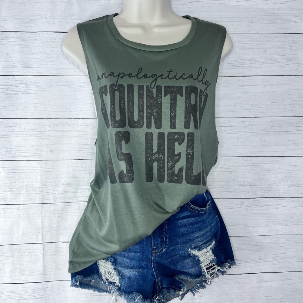 “Unapologetically Country as Hell” Sublimation Graphic Muscle Tank Tee 💗